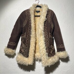 Vtg Afghan curly lamb wool shearling embroidered suede coat penny lane Mongolian